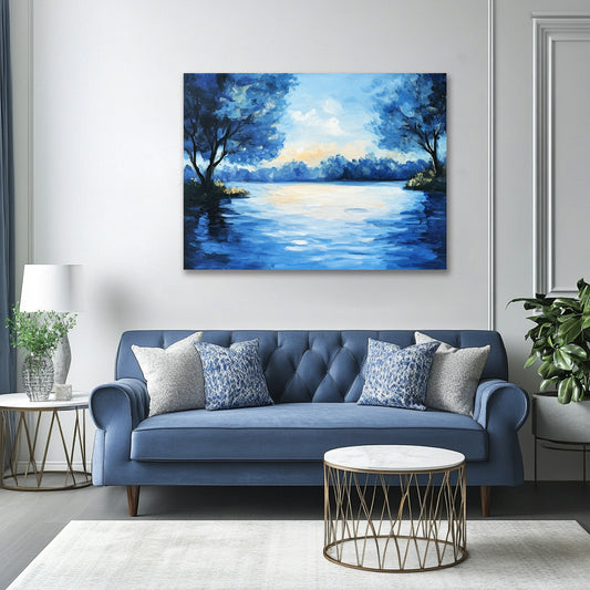Tranquil Lake Sunset – Blue Nature Canvas Wall Art