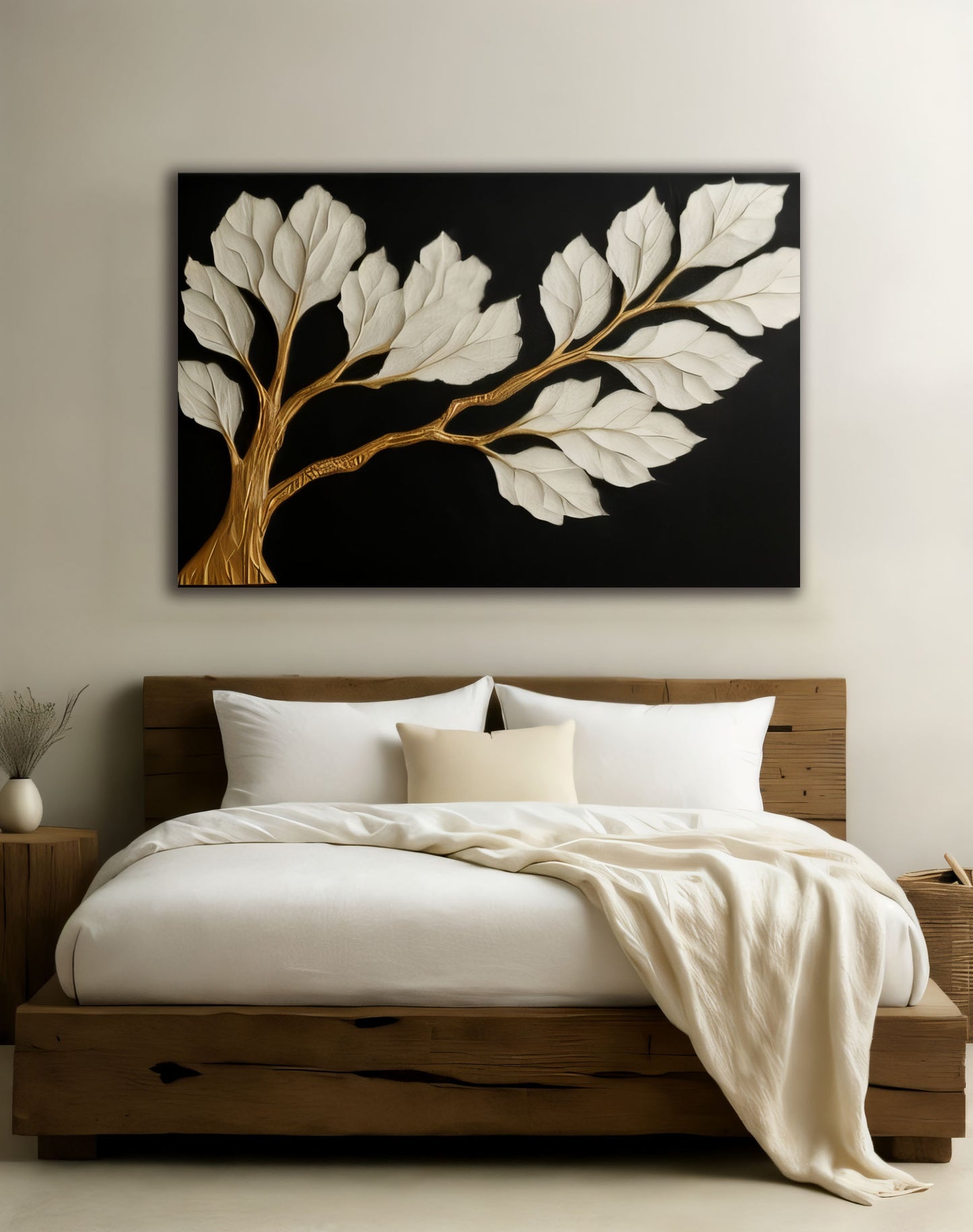 Neutral Bedroom Wall Art – Large 48X32 Branch Canvas for Above Bed Decor | Modern Minimalist Wall Art