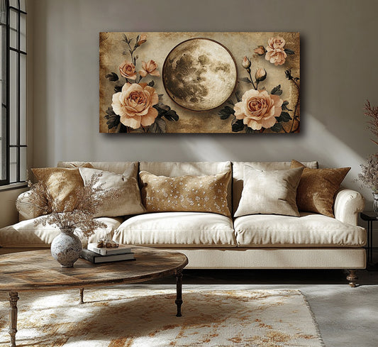 Vintage Moon & Rose Botanical Canvas Wall Art