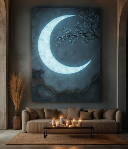 Luxury Crescent Moon Canvas Wall Decor – Illuminated Gold and Grey Artwork