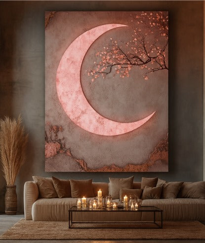 Luxury Crescent Moon Canvas Wall Decor – Illuminated Gold and Grey Artwork