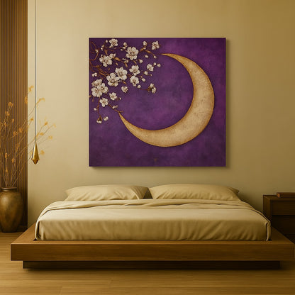 Crescent Moon Wall Art – Elegant Floral Canvas for Bedroom and Living Room Decor
