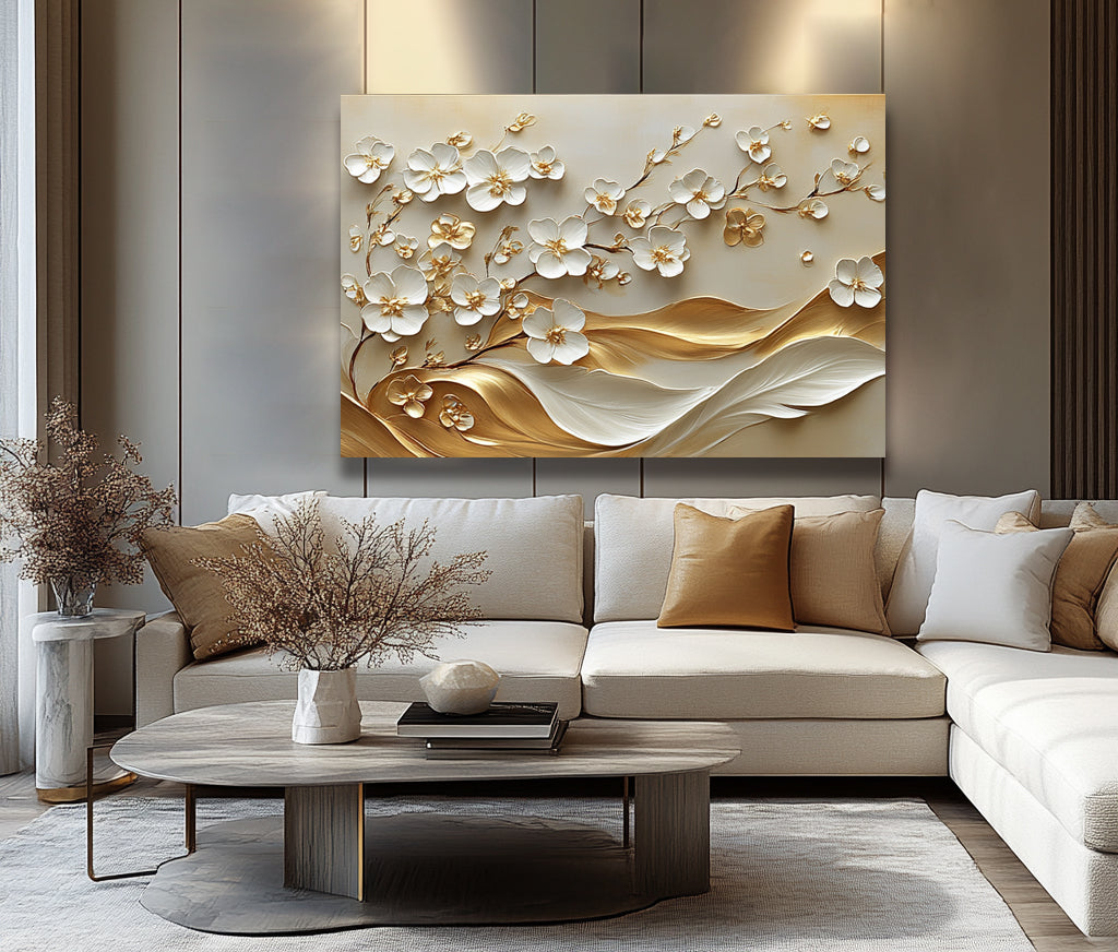 Whispering Petals – White & Gold Floral Flow Wall Art Canvas
