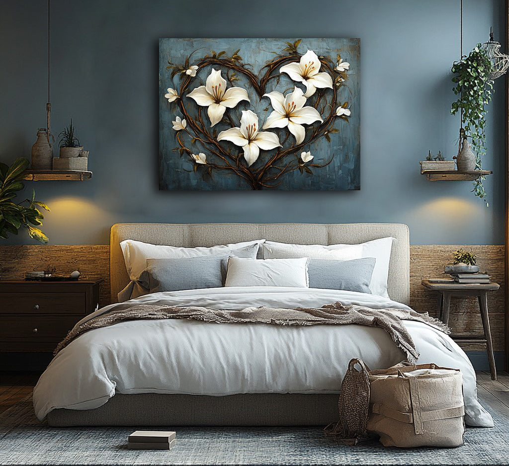 White Lily Heart Floral Canvas Wall Art