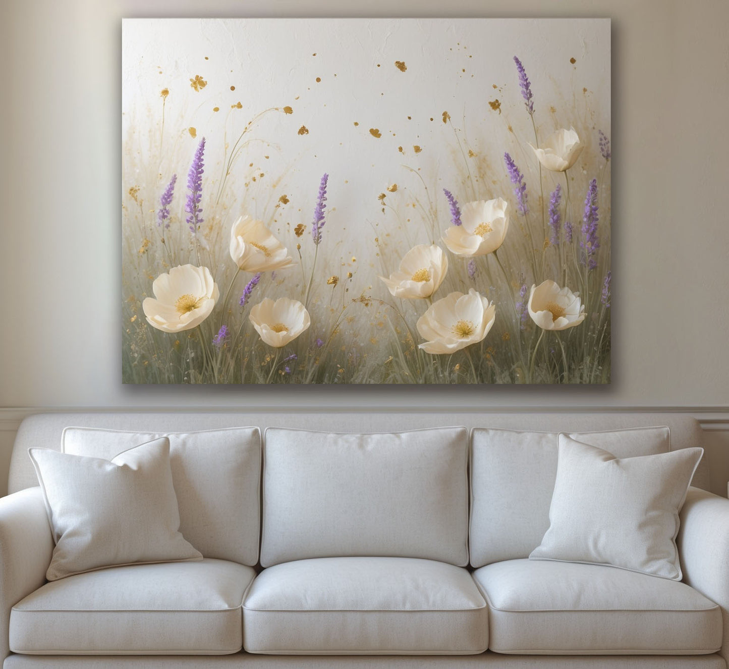 White Poppy & Lavender Meadow Wall Art – Flat Canvas Print with Gold Accents