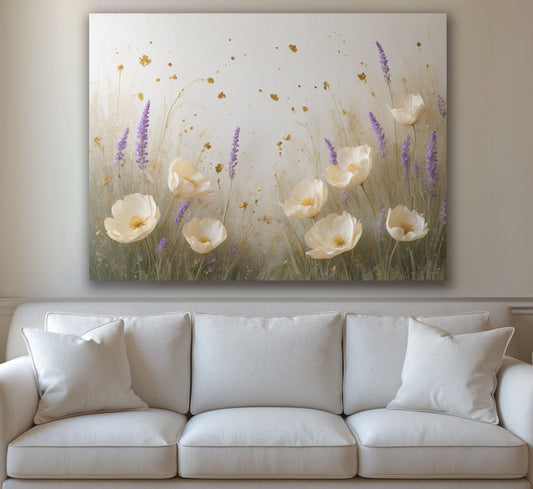 White Poppy & Lavender Meadow Wall Art – Flat Canvas Print with Gold Accents