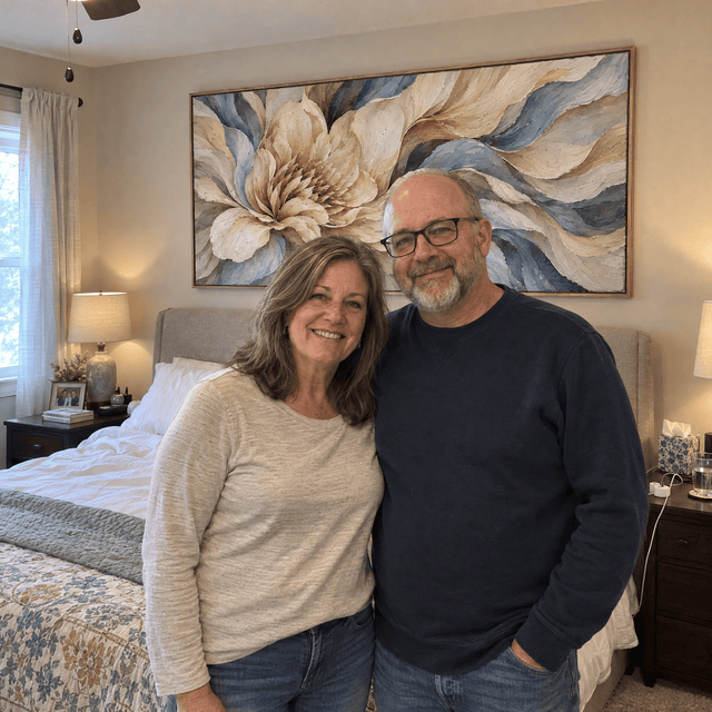 Customer photo of Alabaster Bloom – Oversized Panoramic Floral Wall Art Canvas in Cream and Slate Blue