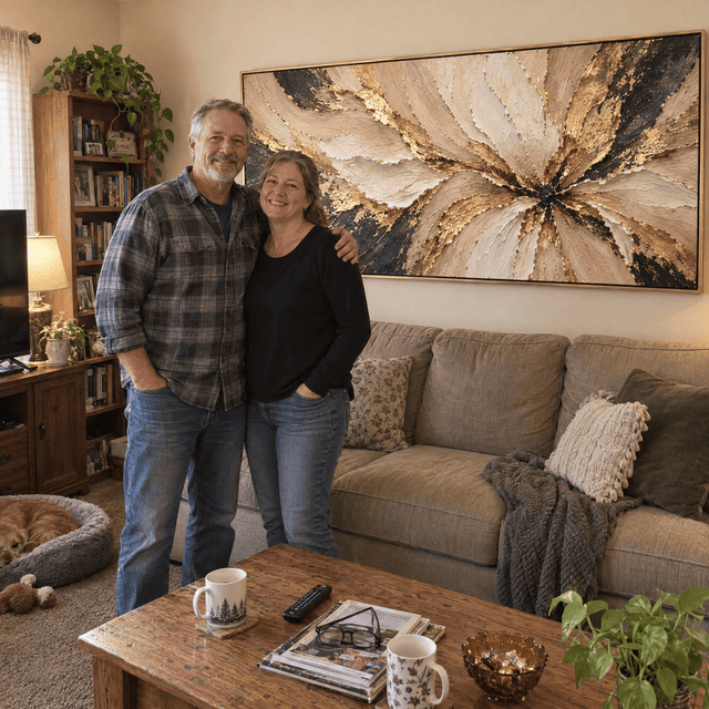 Customer photo of Luxury Gold Flower Wall Art – Oversized Textured Look Canvas in Cream, Gold and Black for Living Room