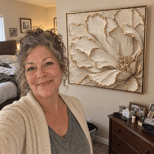 Customer photo of Luxury Cream and Gold Flower Wall Art – Oversized Textured Look Canvas for Bedroom and Living Room