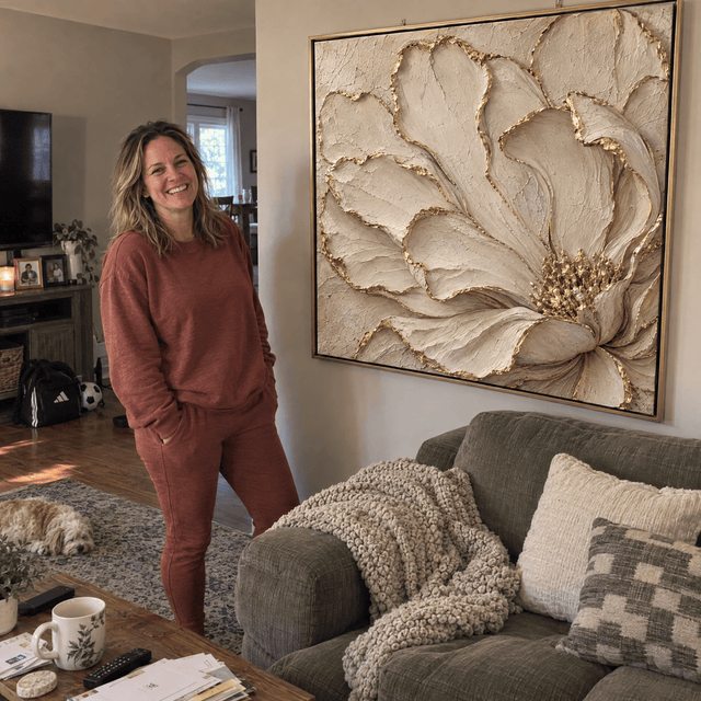 Customer photo of Luxury Cream and Gold Flower Wall Art – Oversized Textured Look Canvas for Bedroom and Living Room
