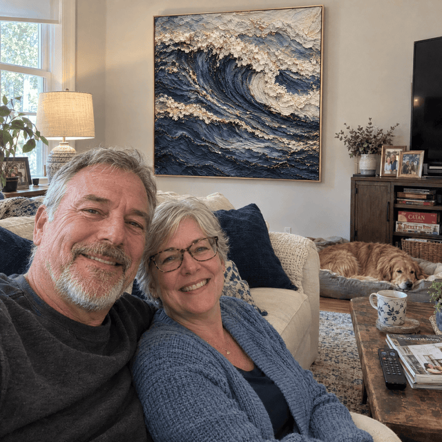Customer photo of Ocean Wave Wall Art – Oversized Navy Blue and Gold Textured Look Canvas for Living Room and Bedroom