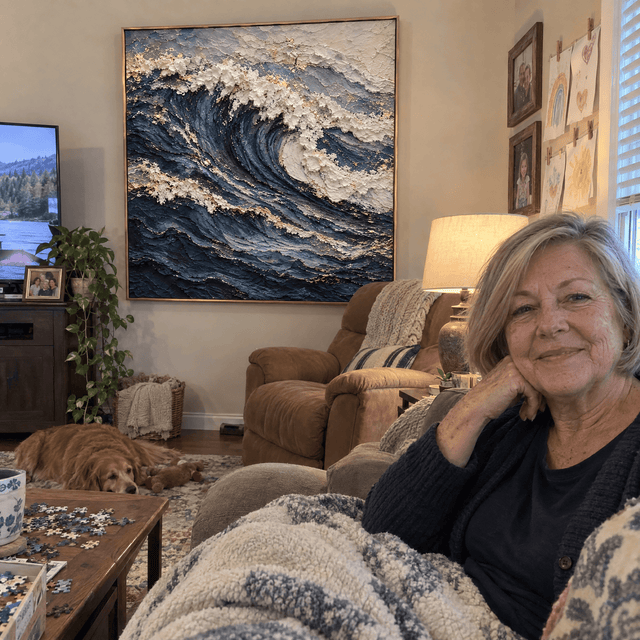 Customer photo of Ocean Wave Wall Art – Oversized Navy Blue and Gold Textured Look Canvas for Living Room and Bedroom