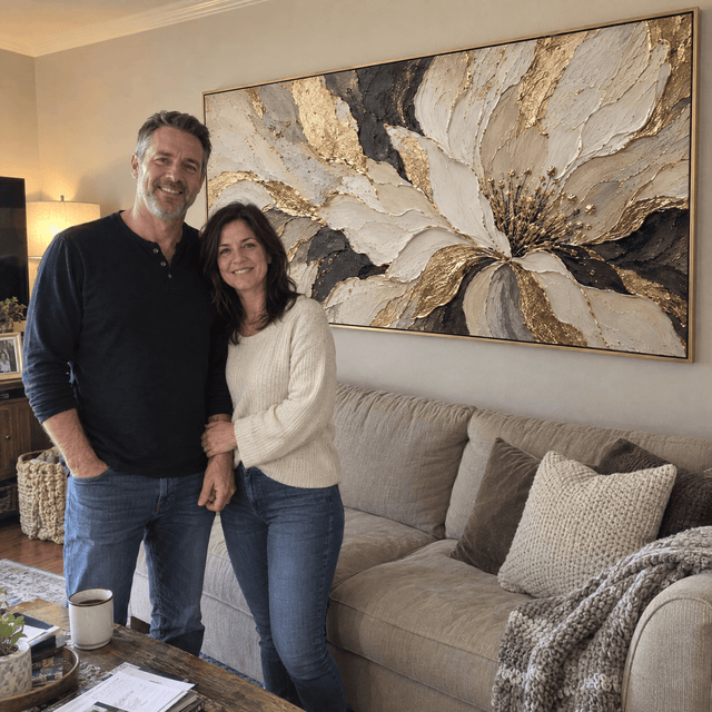 Customer photo of Beige and Gold Flower Wall Art – Oversized Textured Look Canvas with Black Accents for Living Room