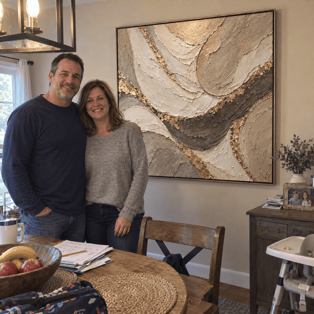 Customer photo of Luxury Cream and Sage Abstract Wall Art – Oversized Gold Leaf Textured Look Canvas for Living Room