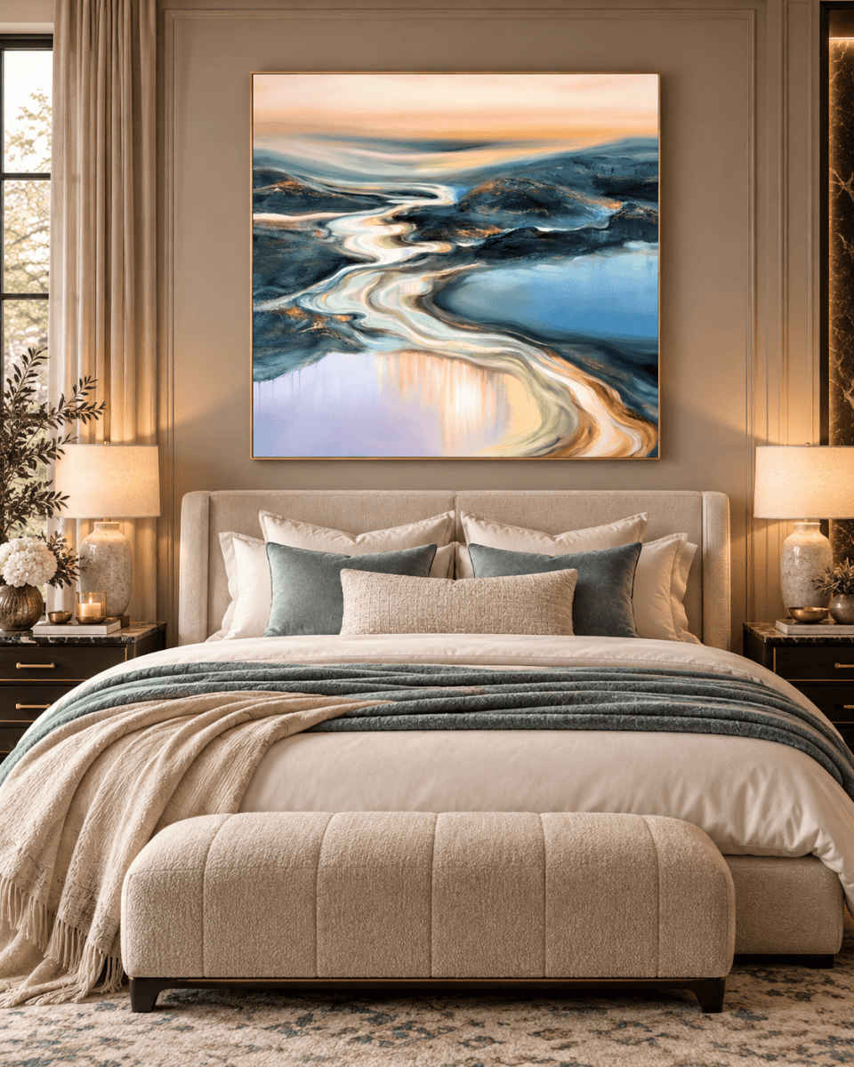 Abstract River Wall Art – Oversized Blue and Gold Sunset Textured Look Canvas for Living Room - Sense for Decor