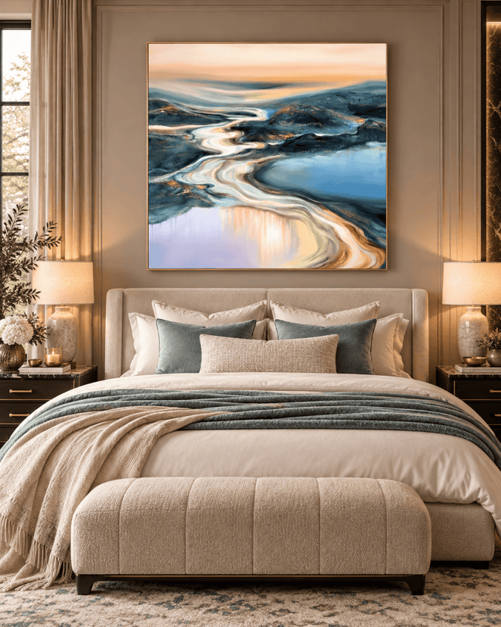 Abstract River Wall Art – Oversized Blue and Gold Sunset Textured Look Canvas for Living Room - Sense for Decor
