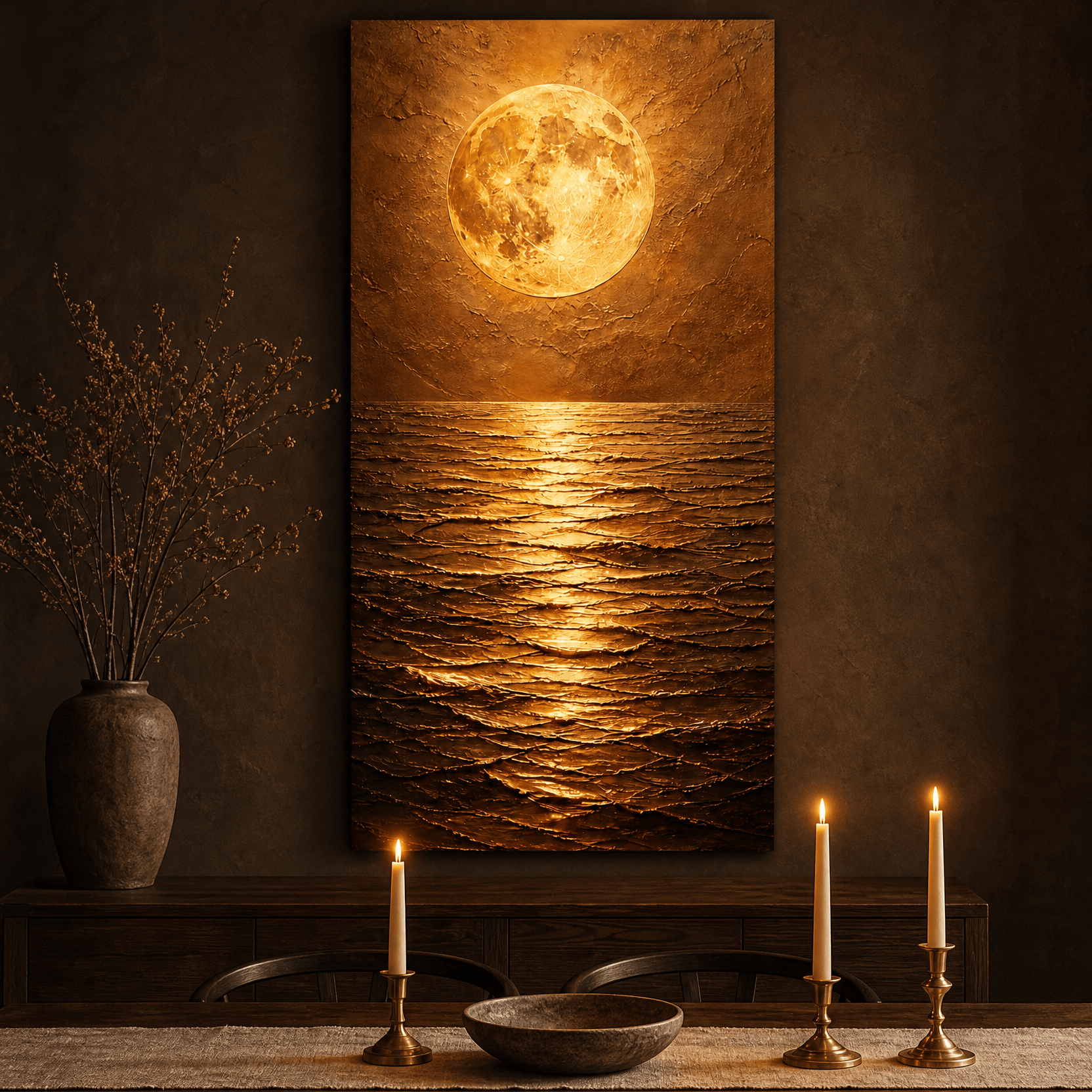 Gold moon over water canvas above a sideboard in a moody dining room with brass candlesticks