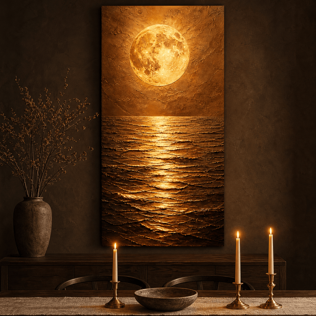 Gold moon over water canvas above a sideboard in a moody dining room with brass candlesticks