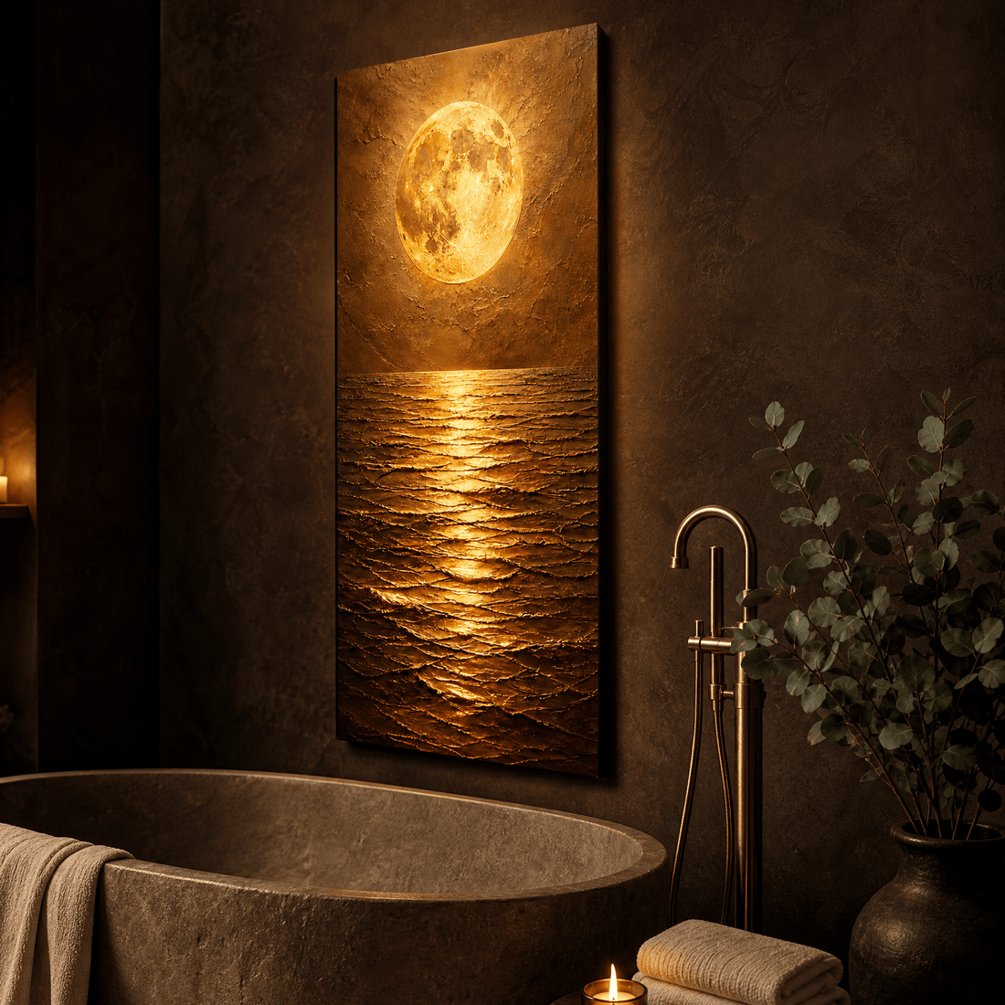 Golden moon reflection canvas beside a stone soaking tub in a spa bathroom