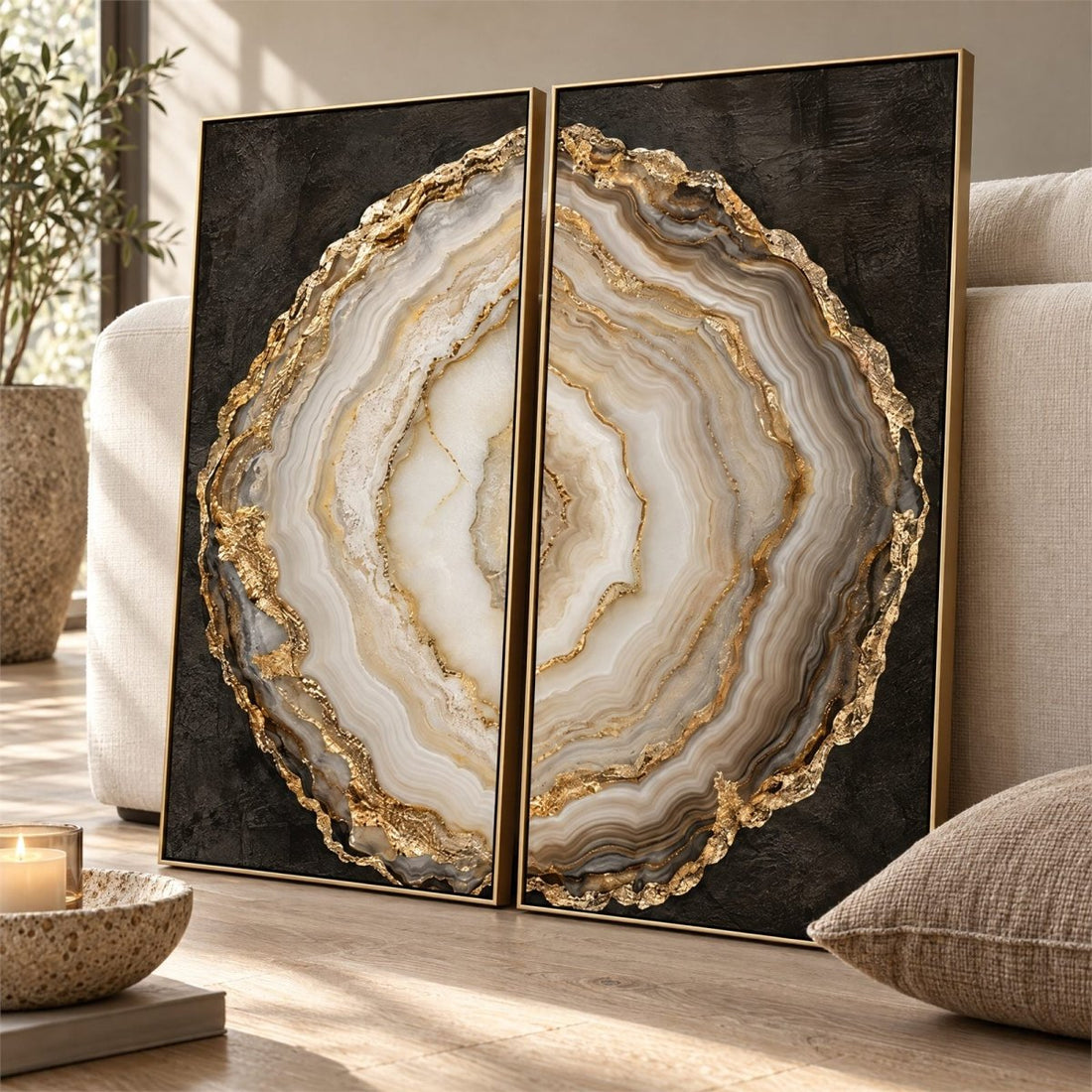 Agate Wall Art – Oversized 2 Piece Geode Slice Set in Cream, Grey and Gold for Living Room - Sense for Decor