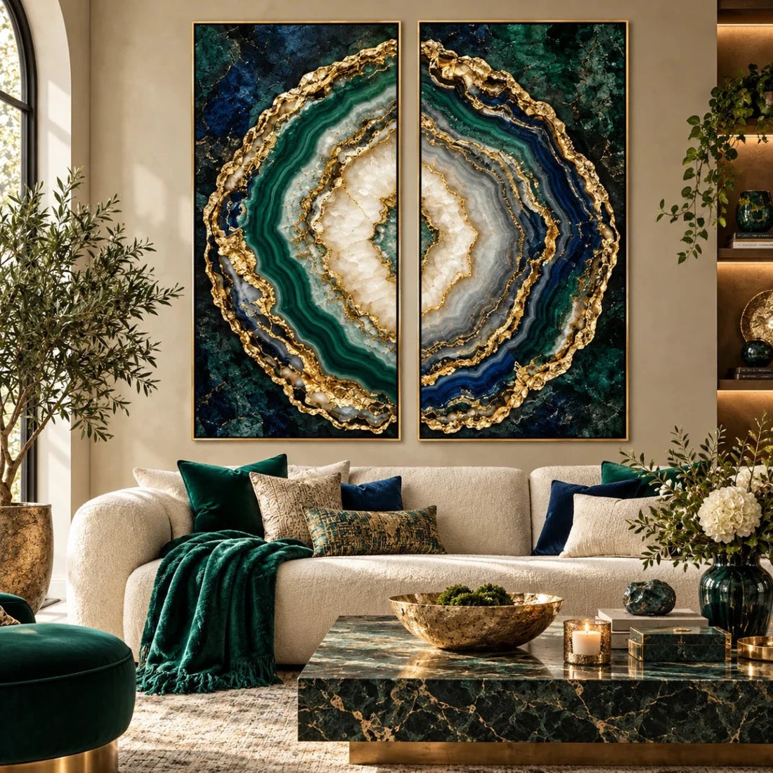 Agate Wall Art – Oversized 2 Piece Gold Geode Slice Set for Living Room - Sense for Decor