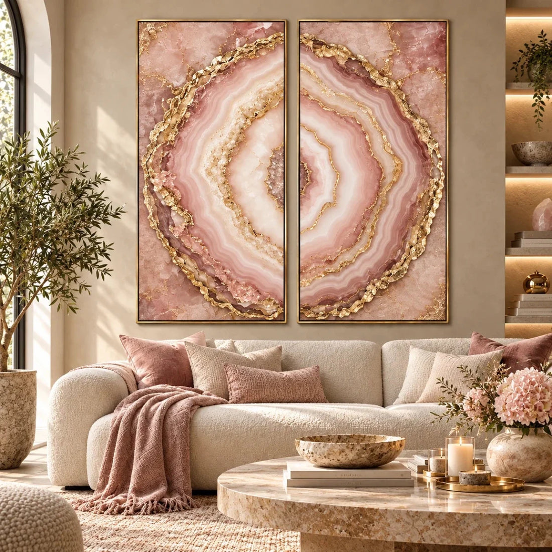 Agate Wall Art – Oversized 2 Piece Gold Geode Slice Set for Living Room - Sense for Decor