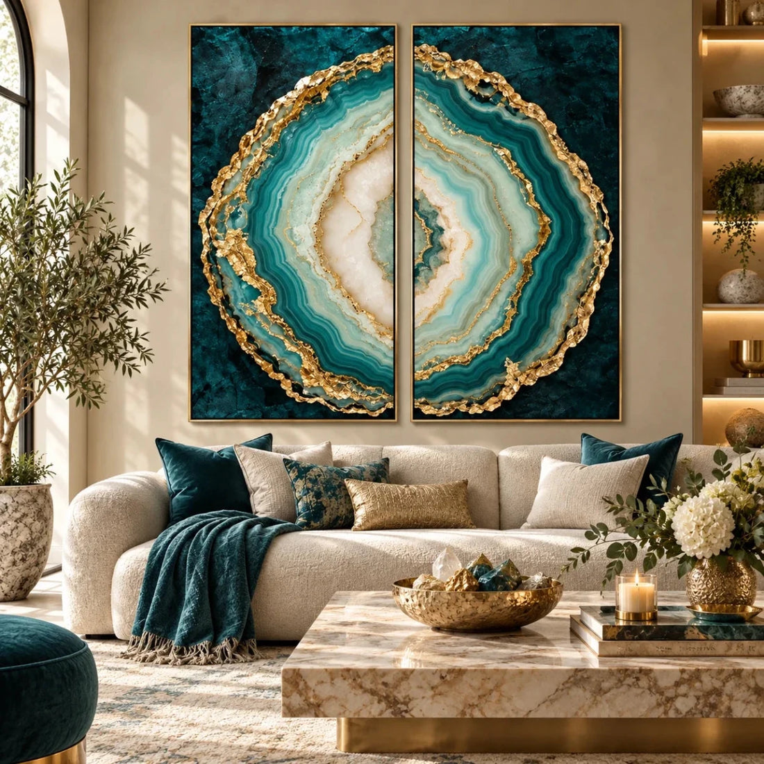 Agate Wall Art – Oversized 2 Piece Gold Geode Slice Set for Living Room - Sense for Decor