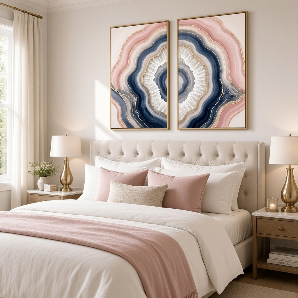 Agate Wall Art – Oversized 2 Piece Navy Blue and Blush Pink Geode Slice Set for Living Room - Sense for Decor