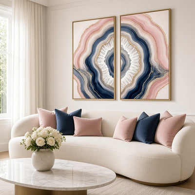 Agate Wall Art – Oversized 2 Piece Navy Blue and Blush Pink Geode Slice Set for Living Room - Sense for Decor