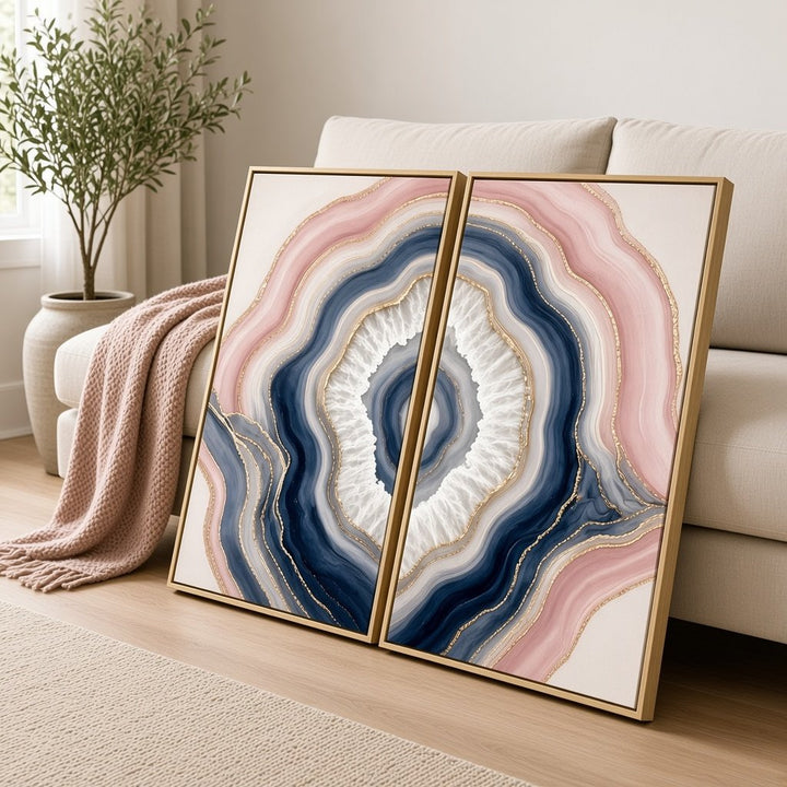 Agate Wall Art – Oversized 2 Piece Navy Blue and Blush Pink Geode Slice Set for Living Room - Sense for Decor