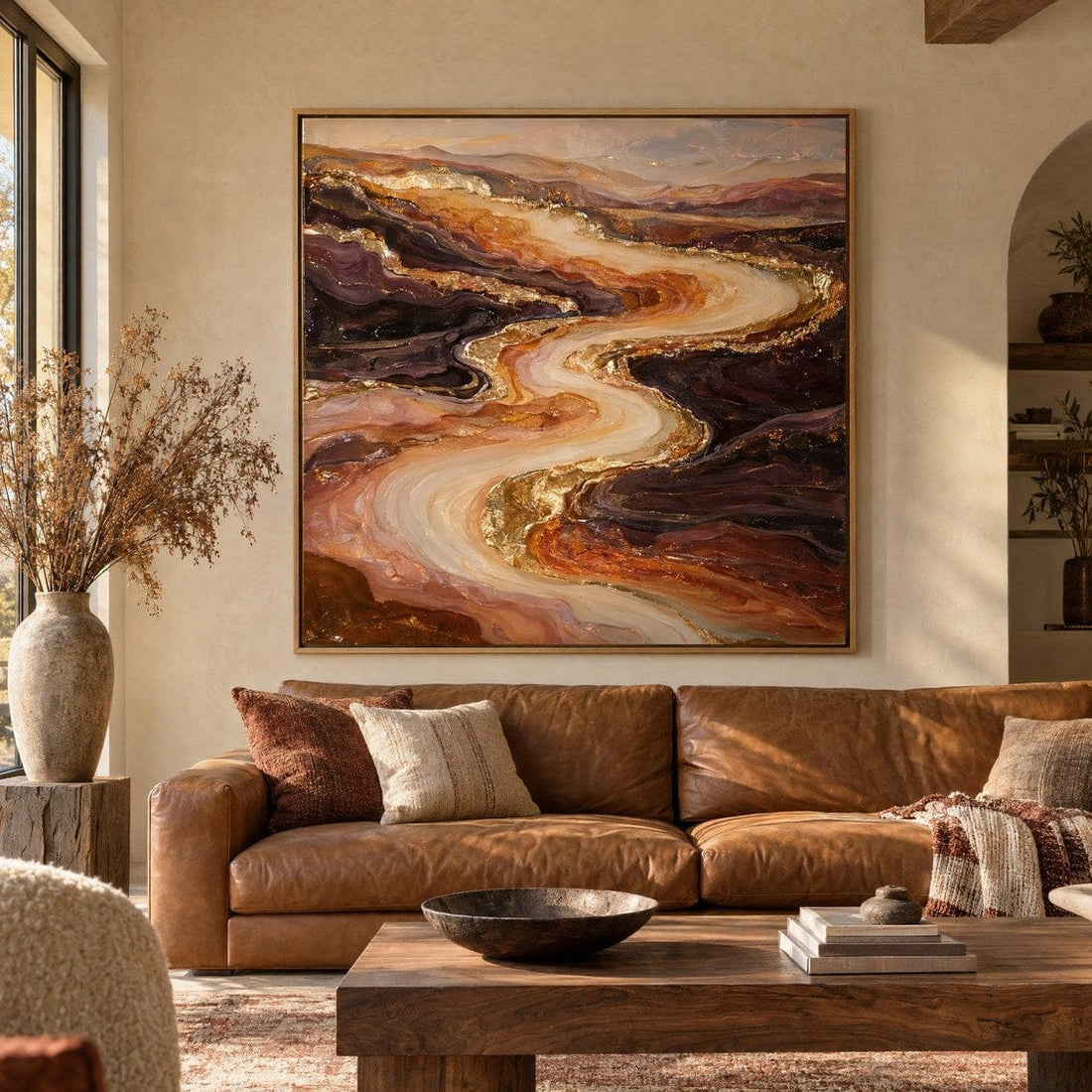 Amber and Rust Wall Art – Oversized Abstract River Textured Look Canvas for Living Room - Sense for Decor