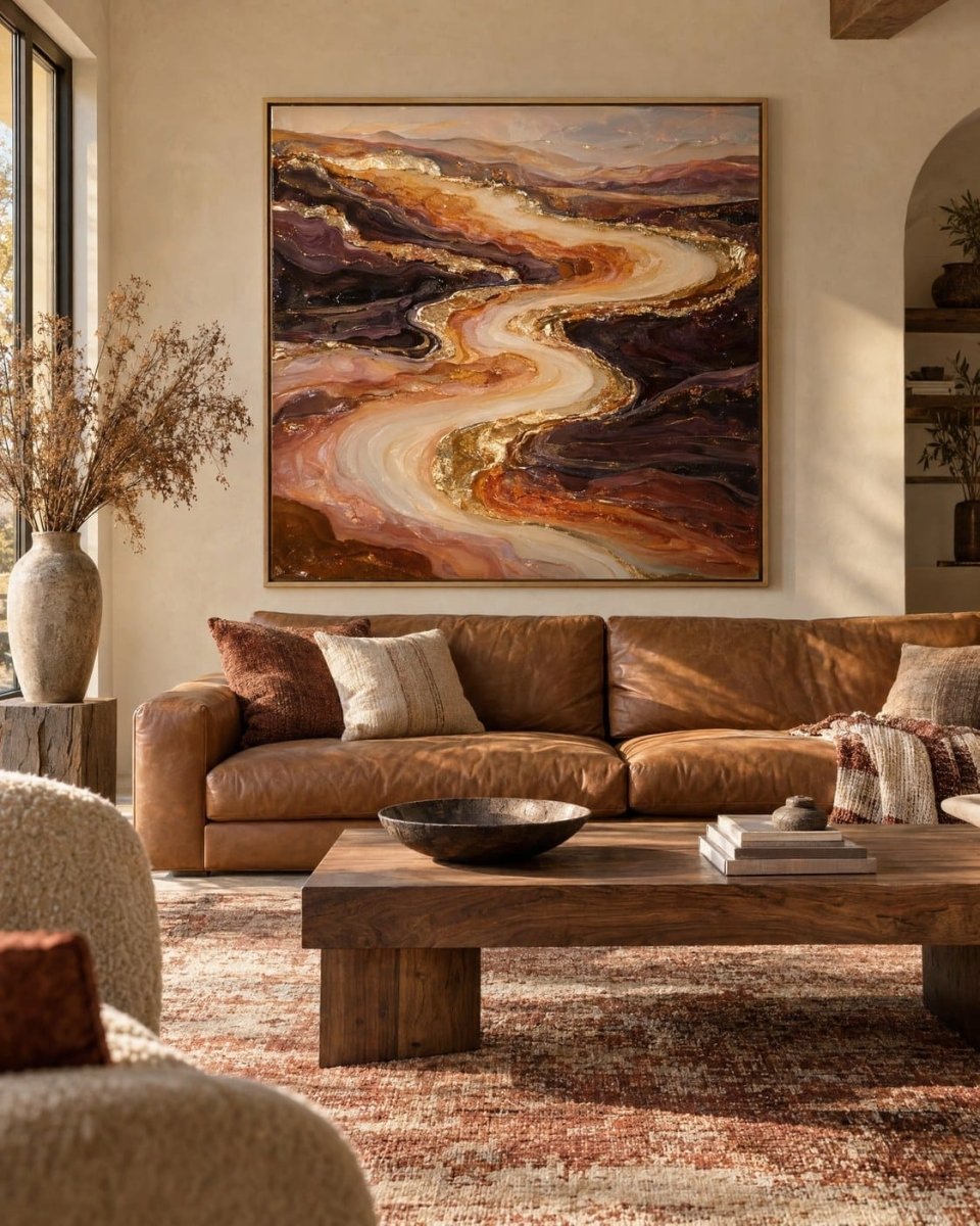 Amber and Rust Wall Art – Oversized Abstract River Textured Look Canvas for Living Room - Sense for Decor