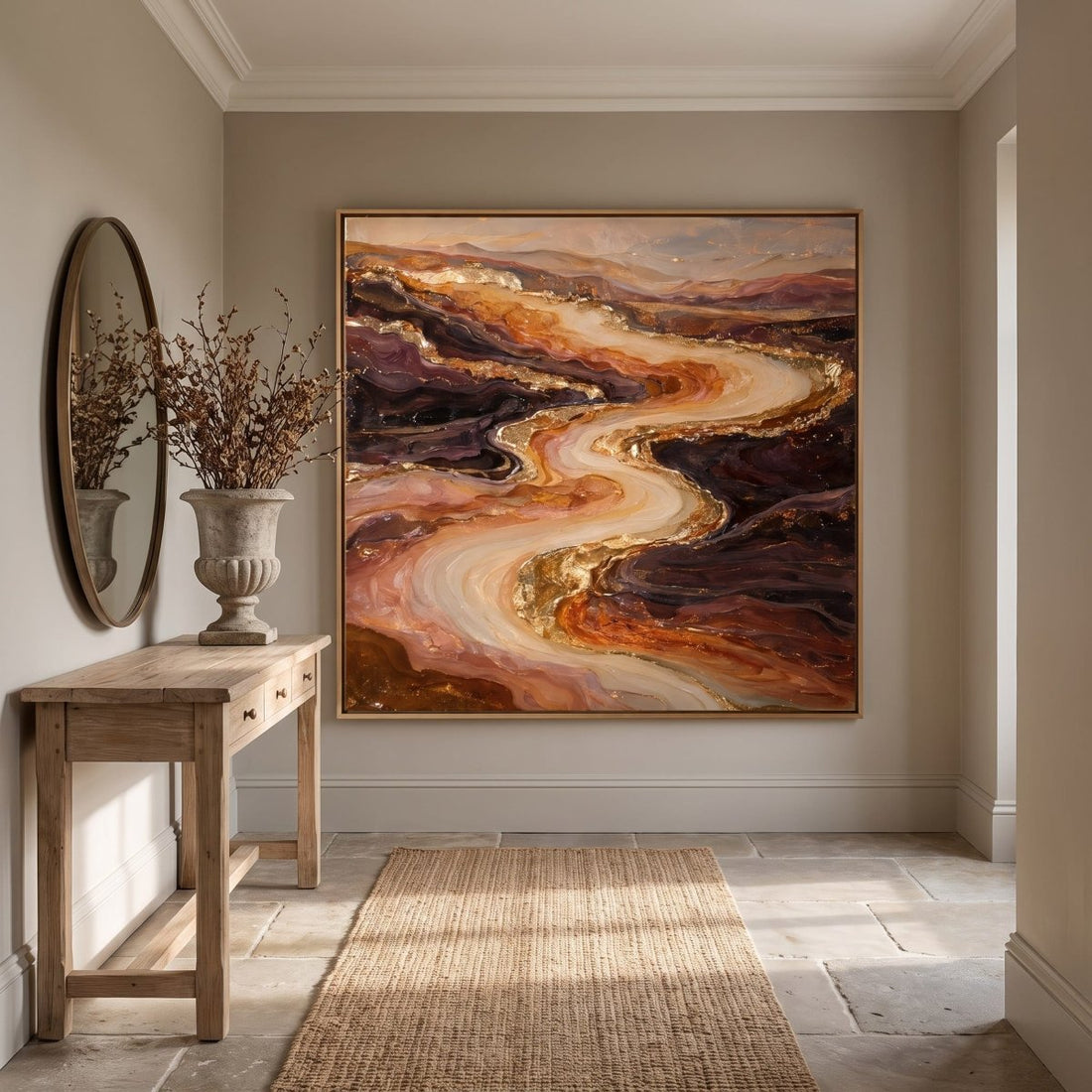 Amber and Rust Wall Art – Oversized Abstract River Textured Look Canvas for Living Room - Sense for Decor