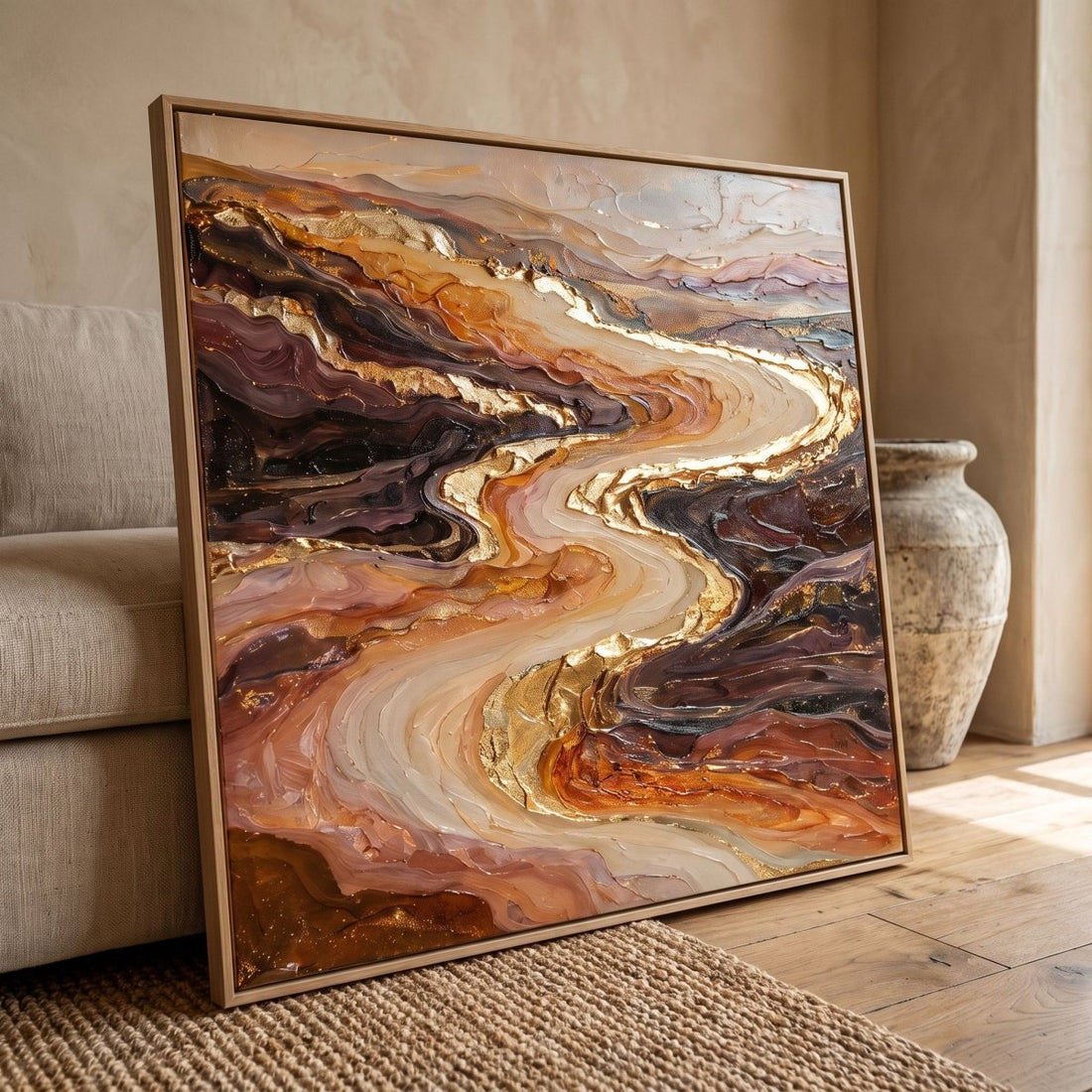 Amber and Rust Wall Art – Oversized Abstract River Textured Look Canvas for Living Room - Sense for Decor
