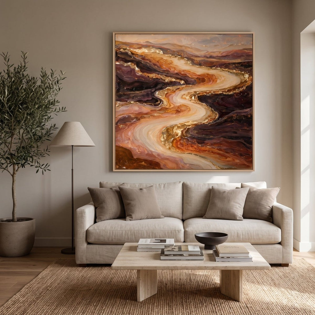 Amber and Rust Wall Art – Oversized Abstract River Textured Look Canvas for Living Room - Sense for Decor