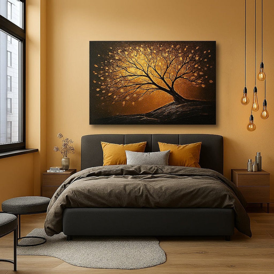 Amber Glow Tree Wall Art – Golden Canvas for Bedroom & Warm Interior Decor - Sense for Decor