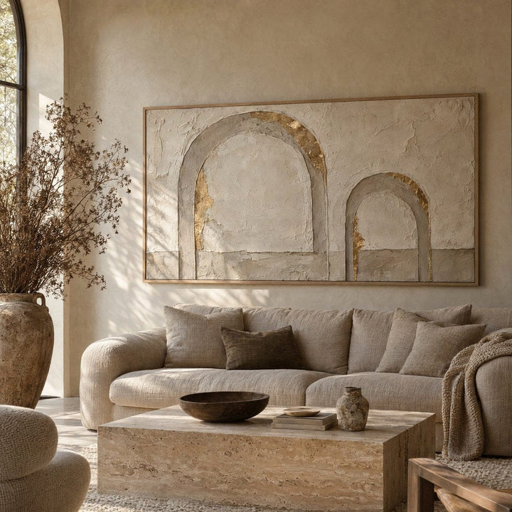 Arch Wall Art – Oversized Panoramic Plaster and Gold Textured Look Canvas for Living Room - Sense for Decor