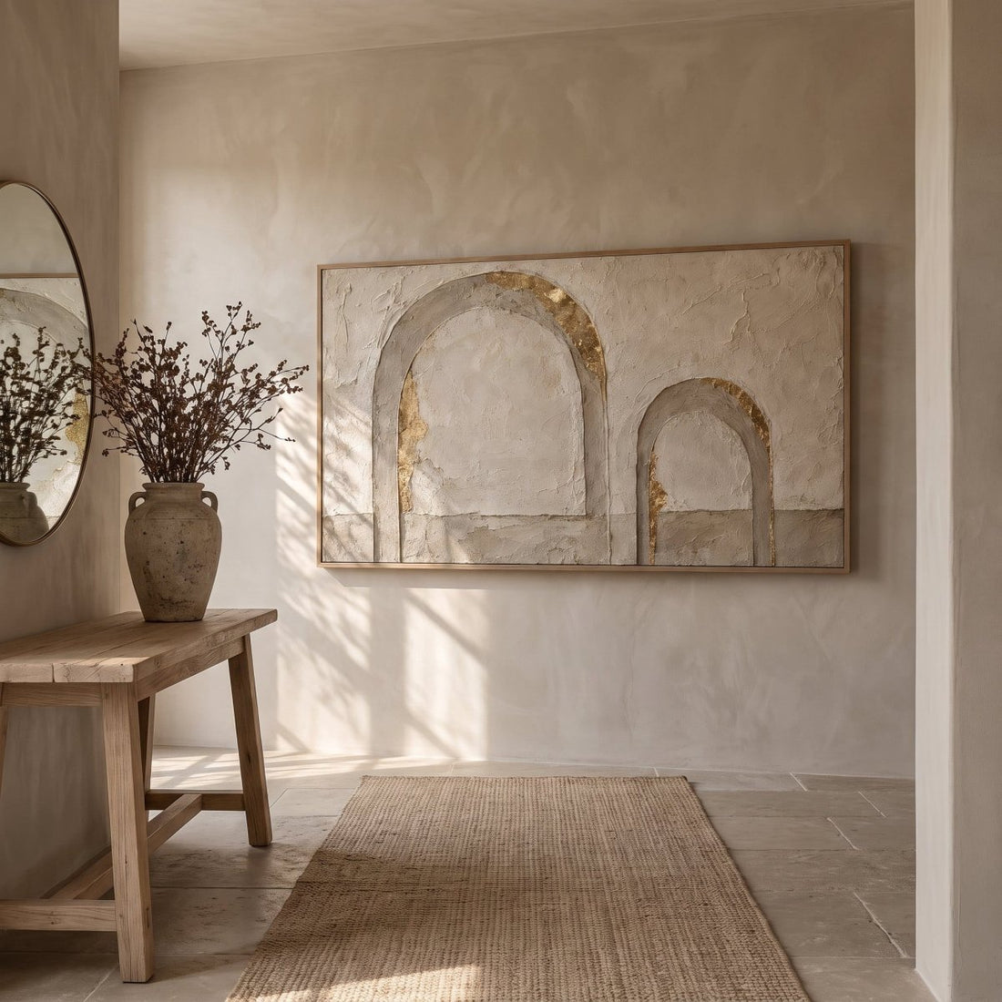 Arch Wall Art – Oversized Panoramic Plaster and Gold Textured Look Canvas for Living Room - Sense for Decor