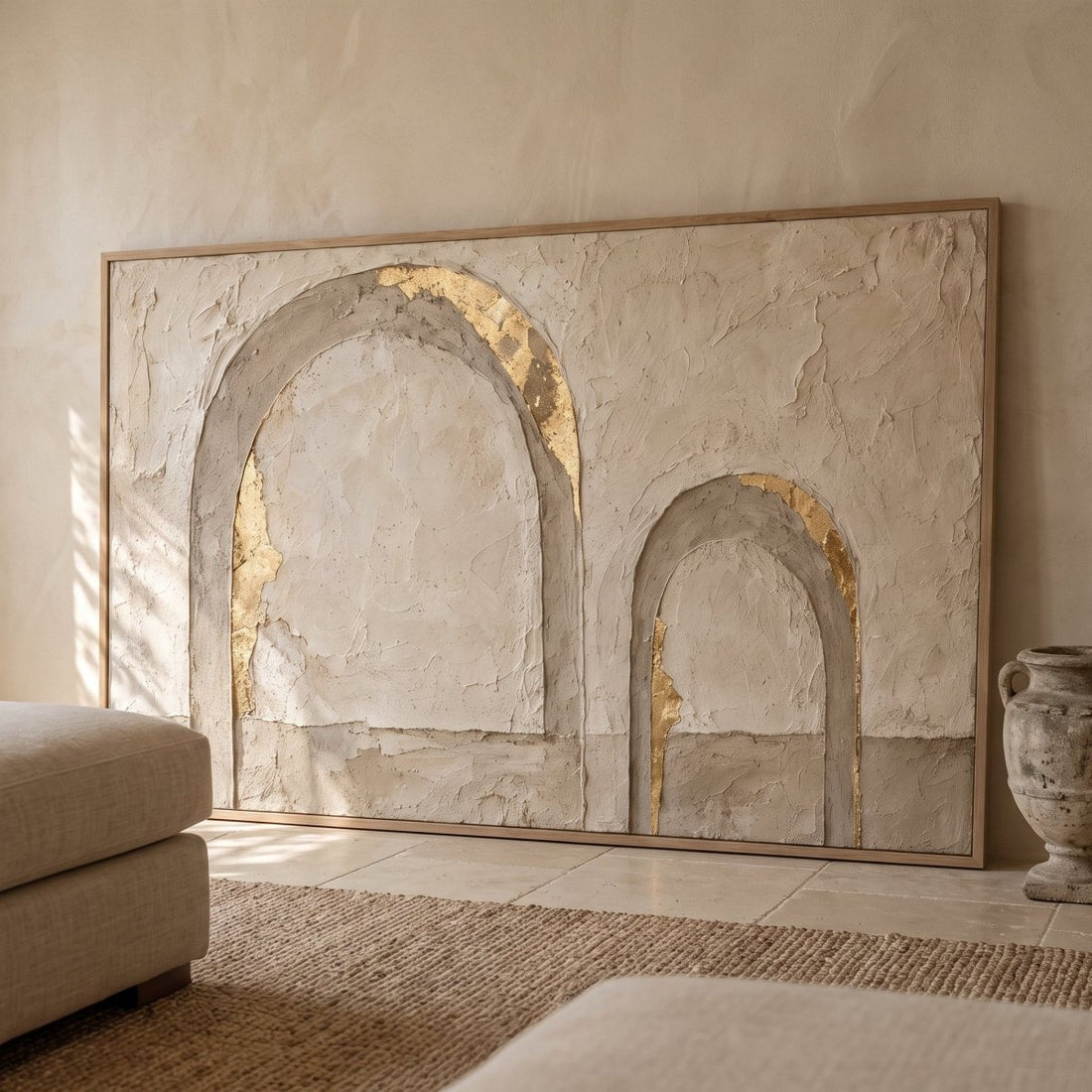 Arch Wall Art – Oversized Panoramic Plaster and Gold Textured Look Canvas for Living Room - Sense for Decor