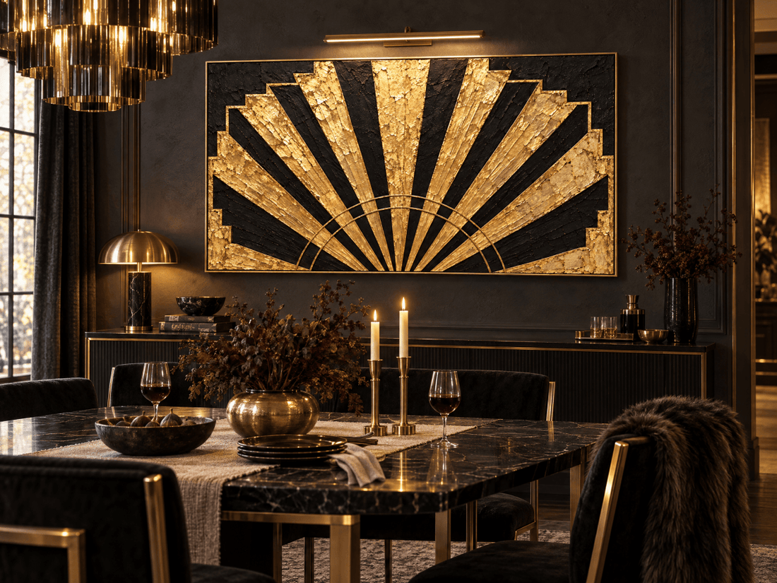 Art Deco Wall Art – Oversized Black and Gold Sunburst Fan Textured Look Canvas for Living Room - Sense for Decor