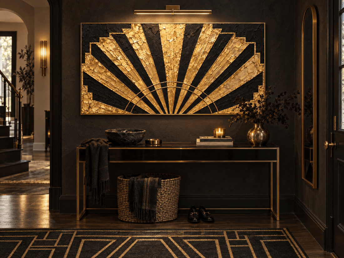 Art Deco Wall Art – Oversized Black and Gold Sunburst Fan Textured Look Canvas for Living Room - Sense for Decor