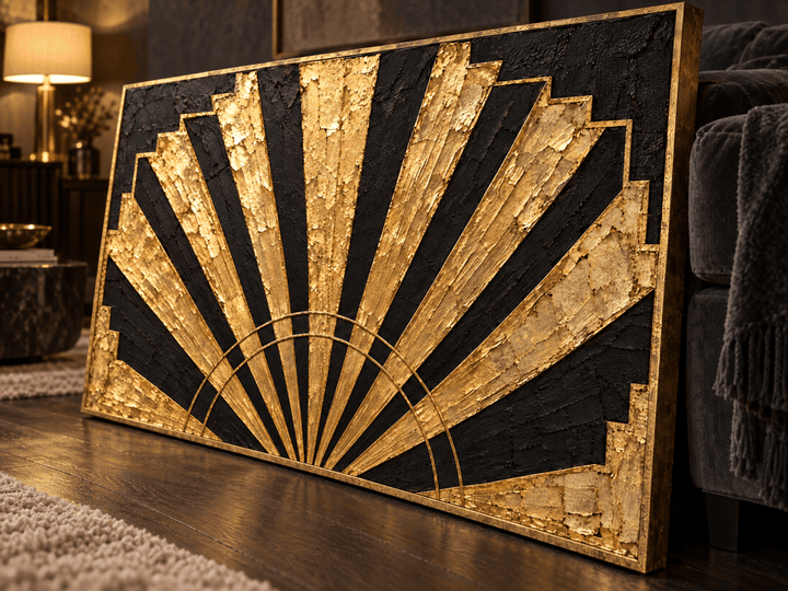 Art Deco Wall Art – Oversized Black and Gold Sunburst Fan Textured Look Canvas for Living Room - Sense for Decor