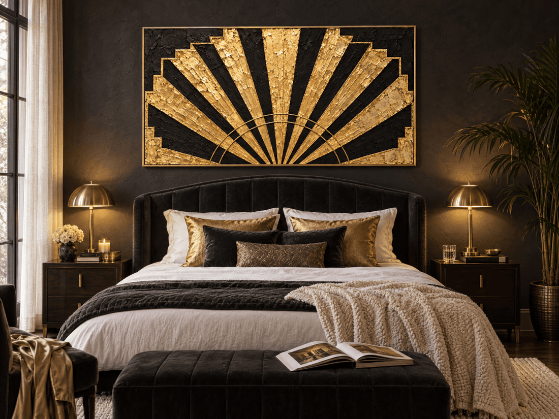 Art Deco Wall Art – Oversized Black and Gold Sunburst Fan Textured Look Canvas for Living Room - Sense for Decor