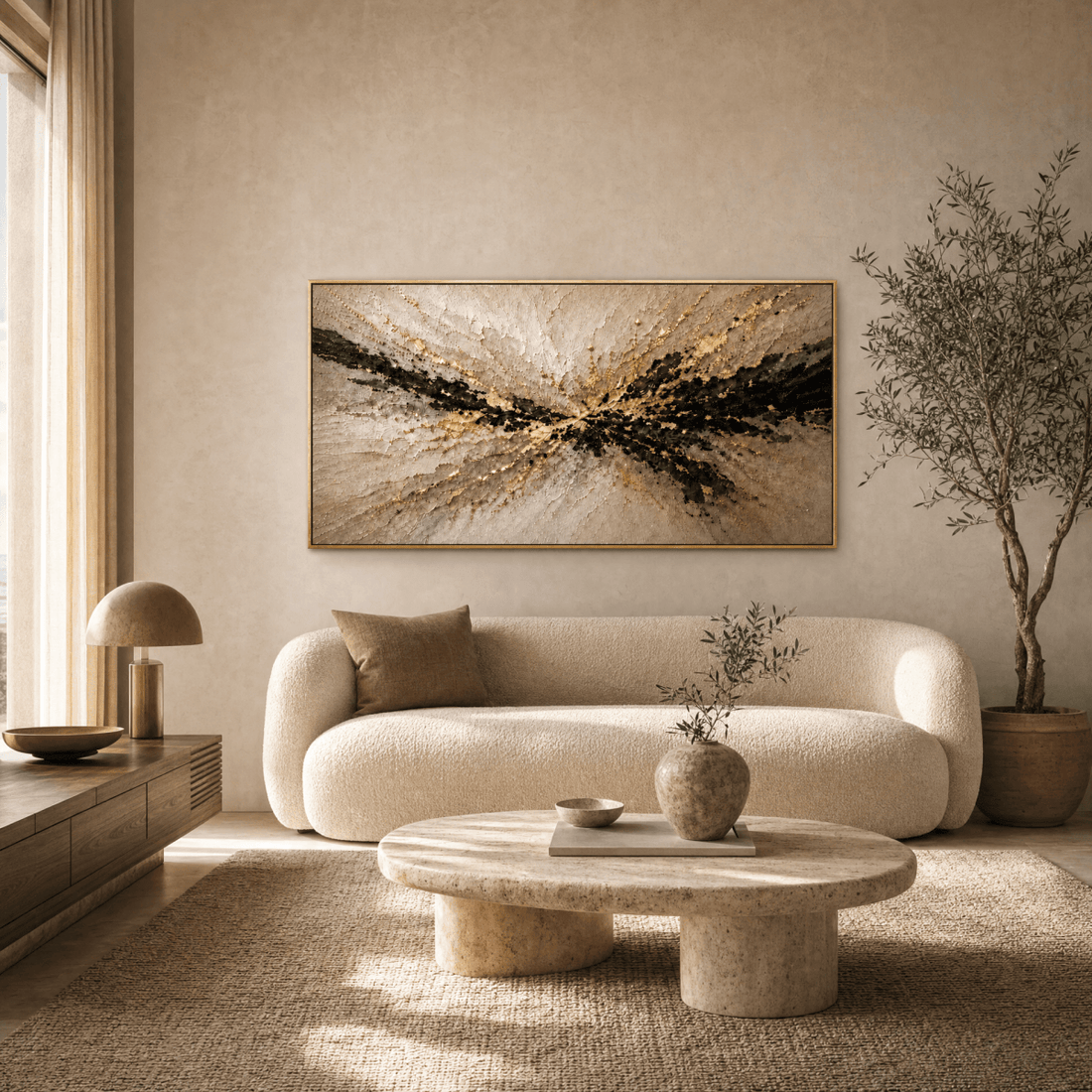 Gilded Burst hand painted canvas above a cream sofa in a warm neutral living room