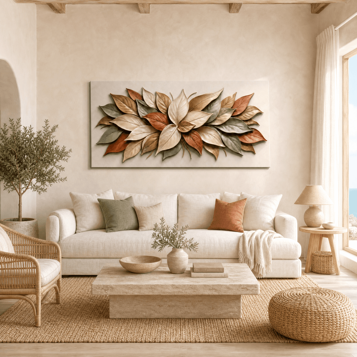 Autumn Magnolia Wall Art – Textured Cream, Sage & Terracotta Leaf Relief Canvas for Living Room - Sense for Decor