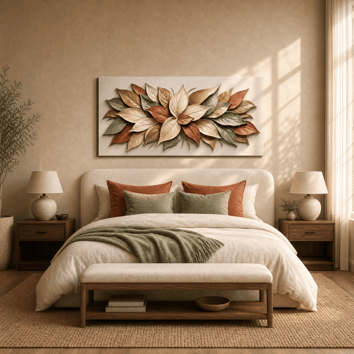 Autumn Magnolia Wall Art – Textured Cream, Sage & Terracotta Leaf Relief Canvas for Living Room - Sense for Decor