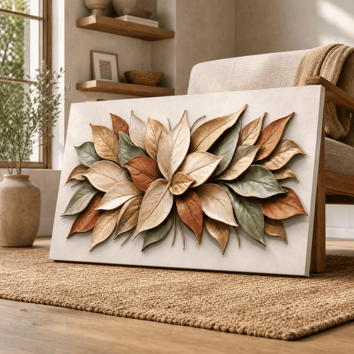 Autumn Magnolia Wall Art – Textured Cream, Sage & Terracotta Leaf Relief Canvas for Living Room - Sense for Decor