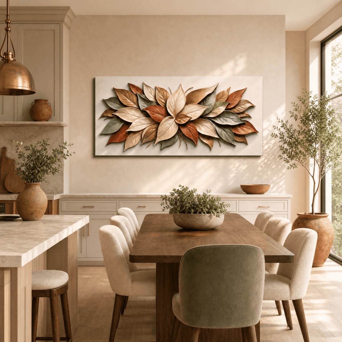 Autumn Magnolia Wall Art – Textured Cream, Sage & Terracotta Leaf Relief Canvas for Living Room - Sense for Decor
