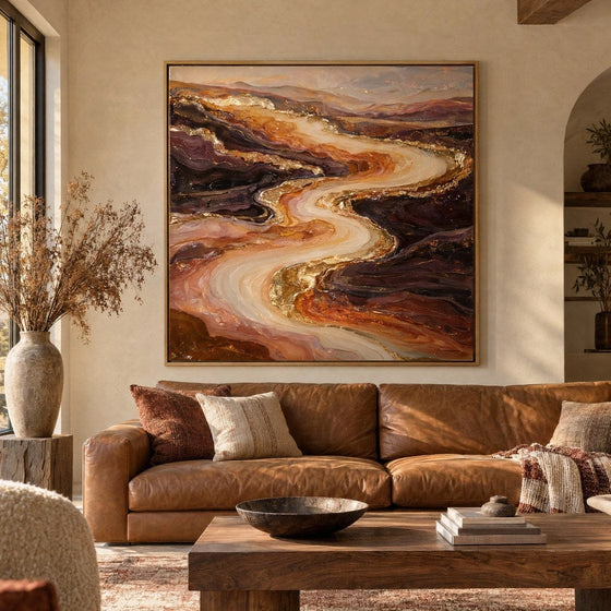 Amber and Rust Wall Art – Oversized Abstract River Textured Look Canvas for Living Room