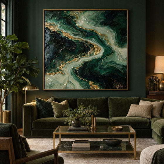 Emerald and Gold Wall Art – Oversized Abstract River Textured Look Canvas for Living Room